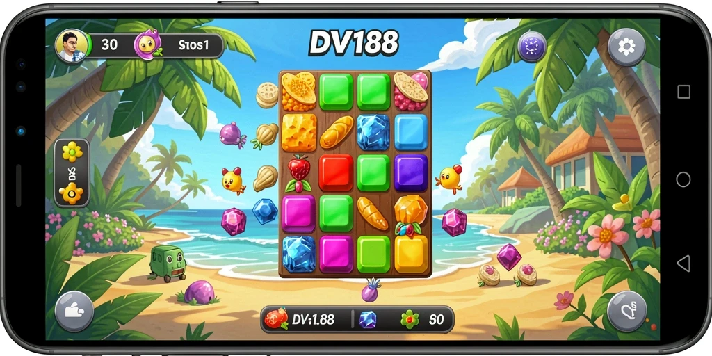 Tampilan gameplay seru dalam DV188 dengan kombinasi batu permata.