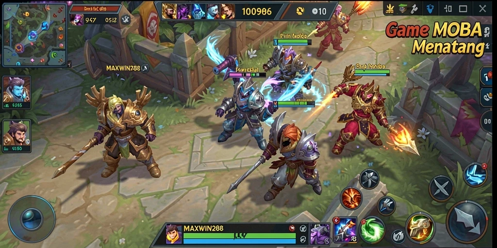 Gameplay seru MAXWIN288 dalam pertarungan tim MOBA.
