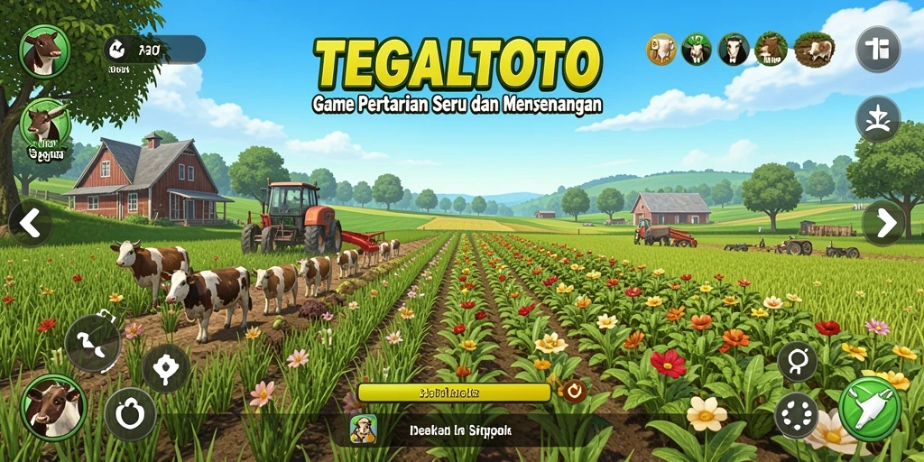 Tampilan gameplay TEGALTOTO dengan kebun yang indah dan rimbun.