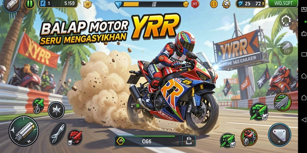 Tampilan gameplay balap motor yang menegangkan dan penuh aksi di YYRR.